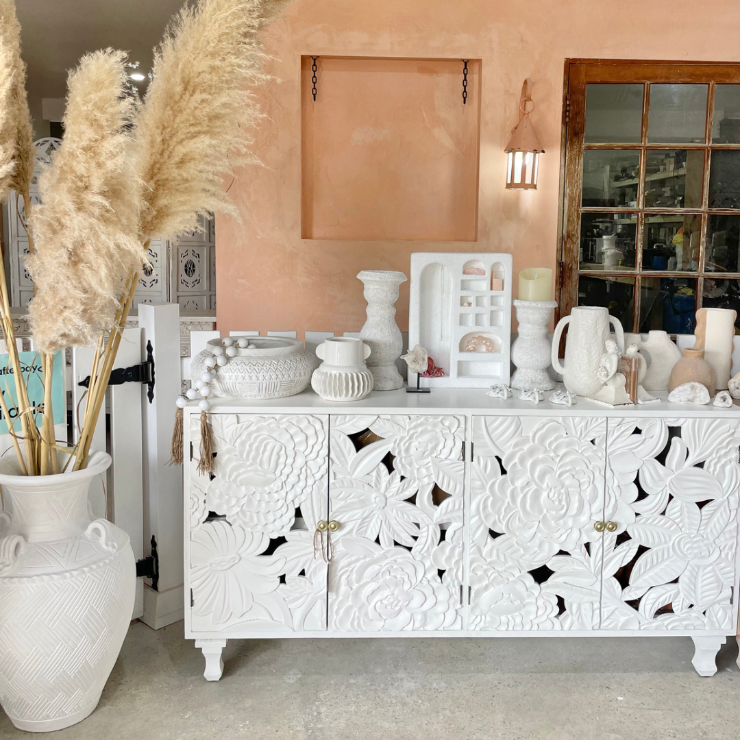 Sideboard Large Carved Dahlia White