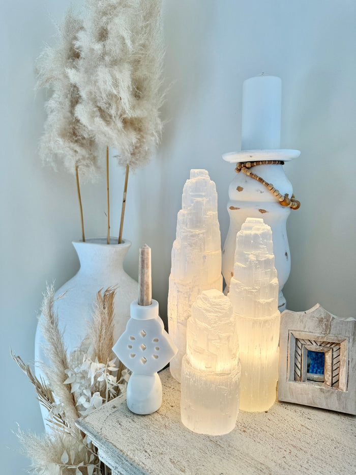 Moroccan Selenite Crystal Tower Lamp Small