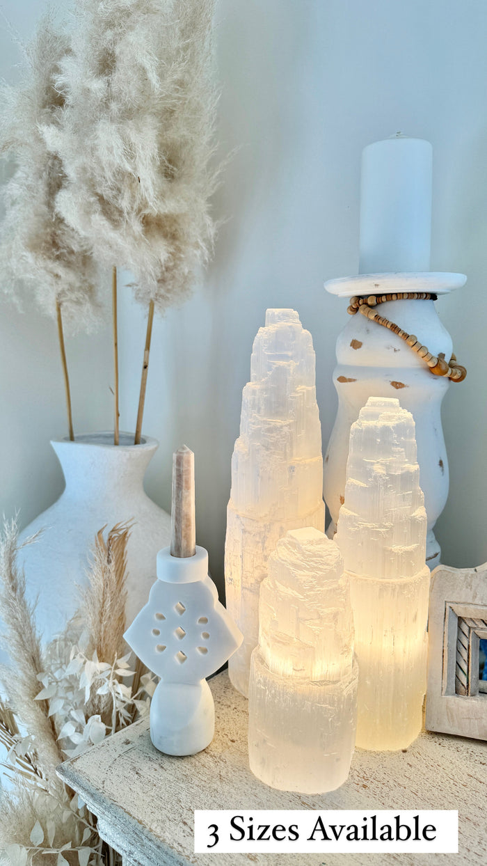 Moroccan Selenite Crystal Tower Lamp Medium