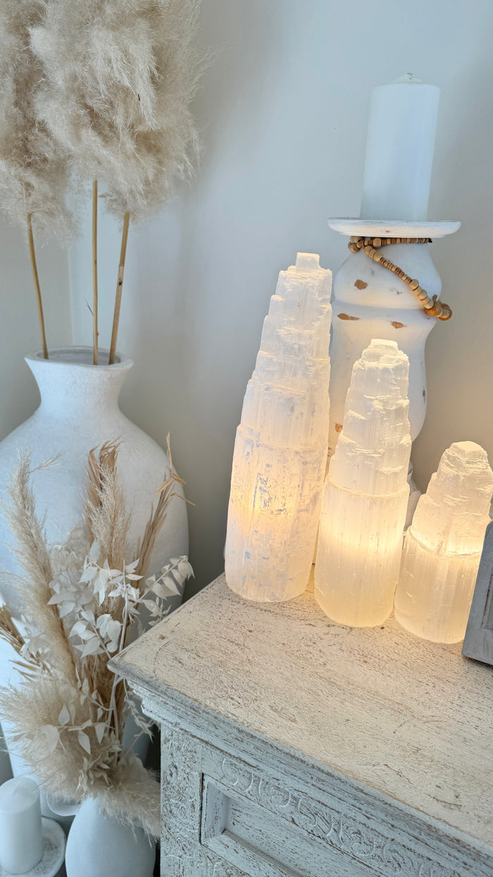 Moroccan Selenite Crystal Tower Lamp Small