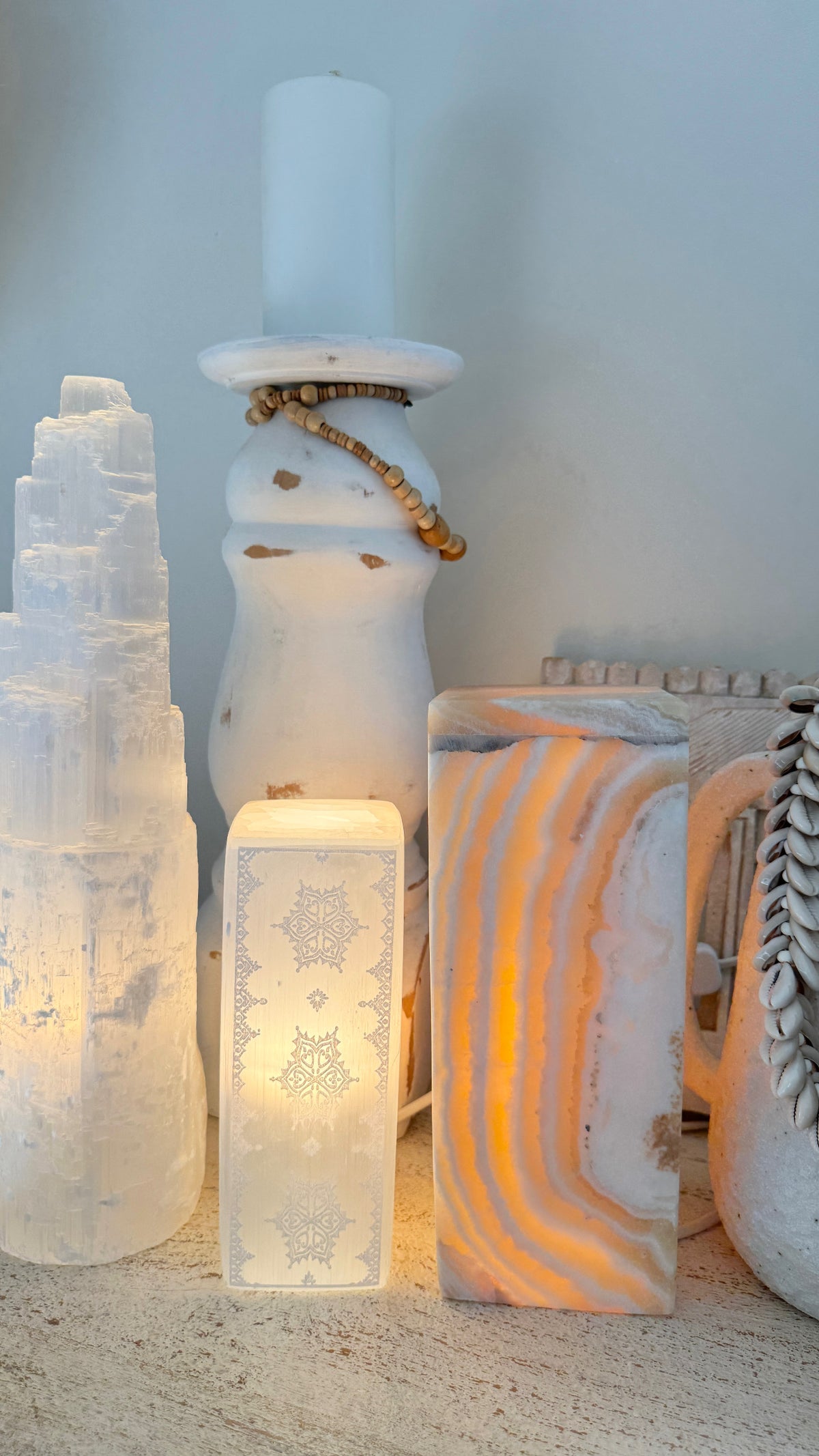 Moroccan Selenite Crystal Tower Lamps