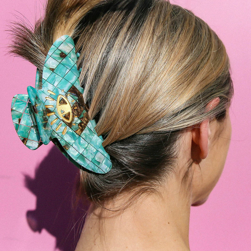 Hair Clip Claw Eye Teal Check