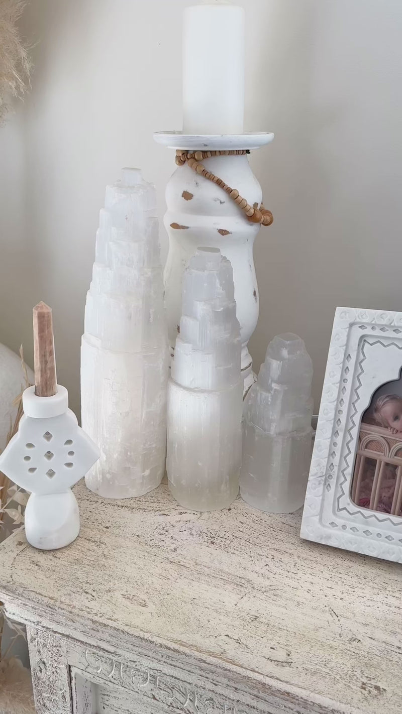 Moroccan Selenite Crystal Tower Lamps