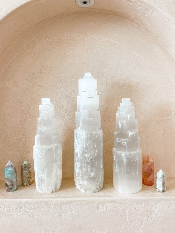 Moroccan Selenite Crystal Tower Lamp Medium